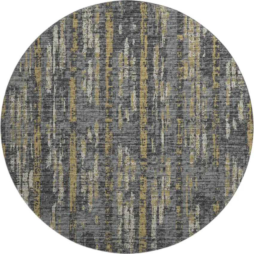 8' Granite Gray Ivory And Gold Round Abstract Washable Indoor Outdoor Area Rug Photo 2