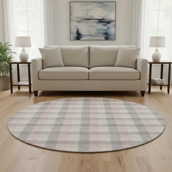 8' Granite Gray Ivory And Pink Plaid Washable Round Rug With UV Protection Photo 2