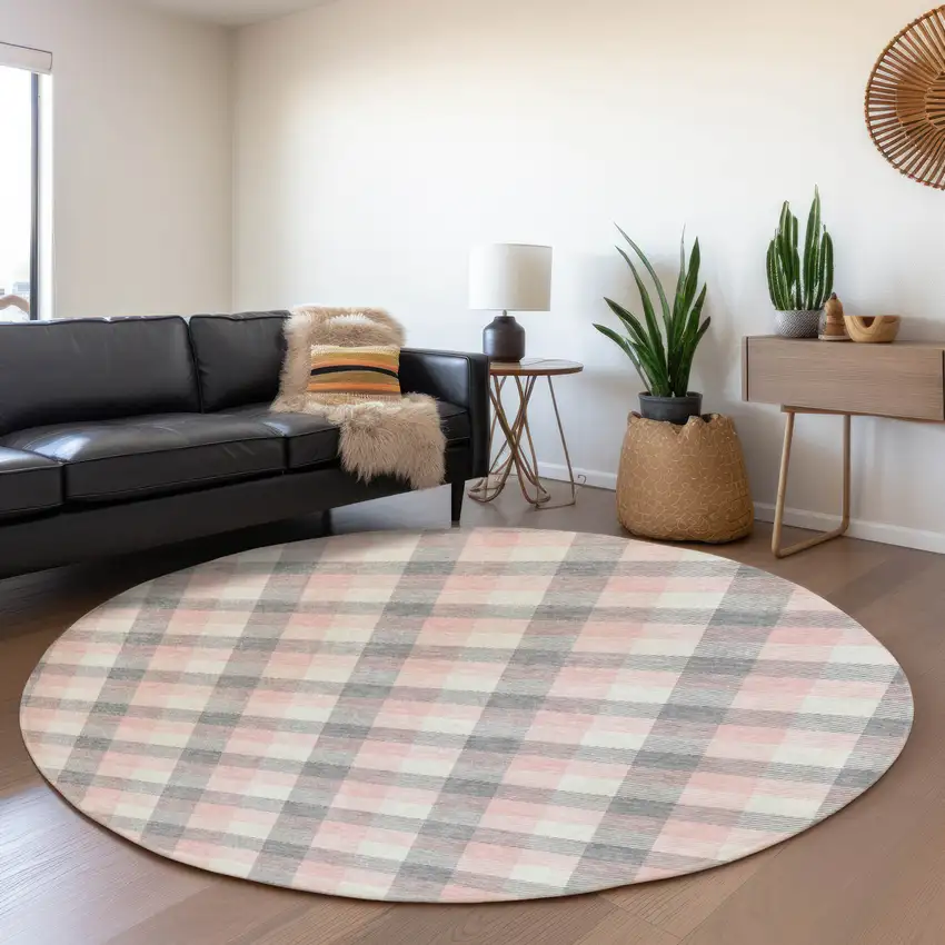 8' Granite Gray Ivory And Pink Plaid Washable Round Rug With UV Protection Photo 4