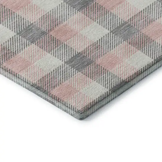 8' Granite Gray Ivory And Pink Plaid Washable Round Rug With UV Protection Photo 6