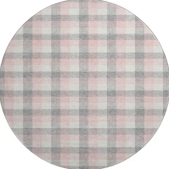 8' Granite Gray Ivory And Pink Plaid Washable Round Rug With UV Protection Photo 3