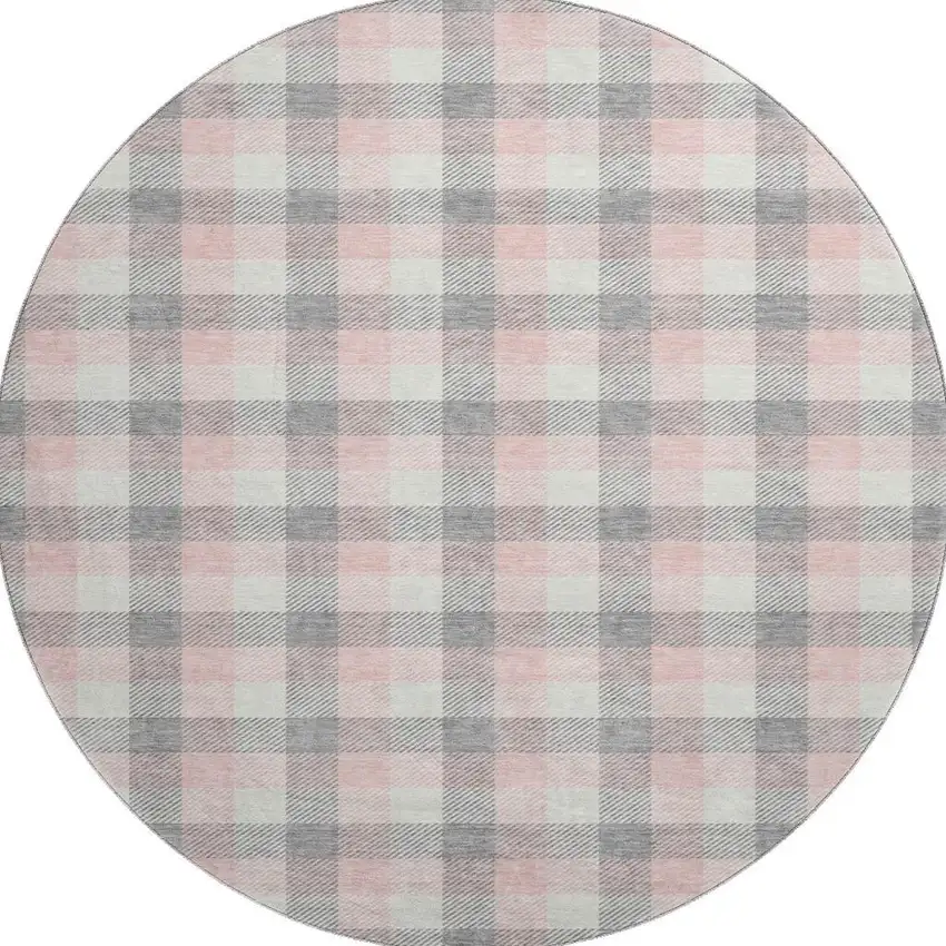 8' Granite Gray Ivory And Pink Plaid Washable Round Rug With UV Protection Photo 3
