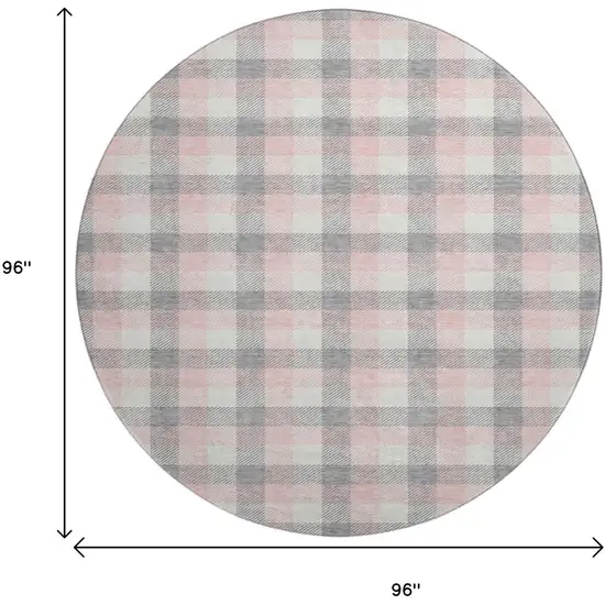 8' Granite Gray Ivory And Pink Plaid Washable Round Rug With UV Protection Photo 9