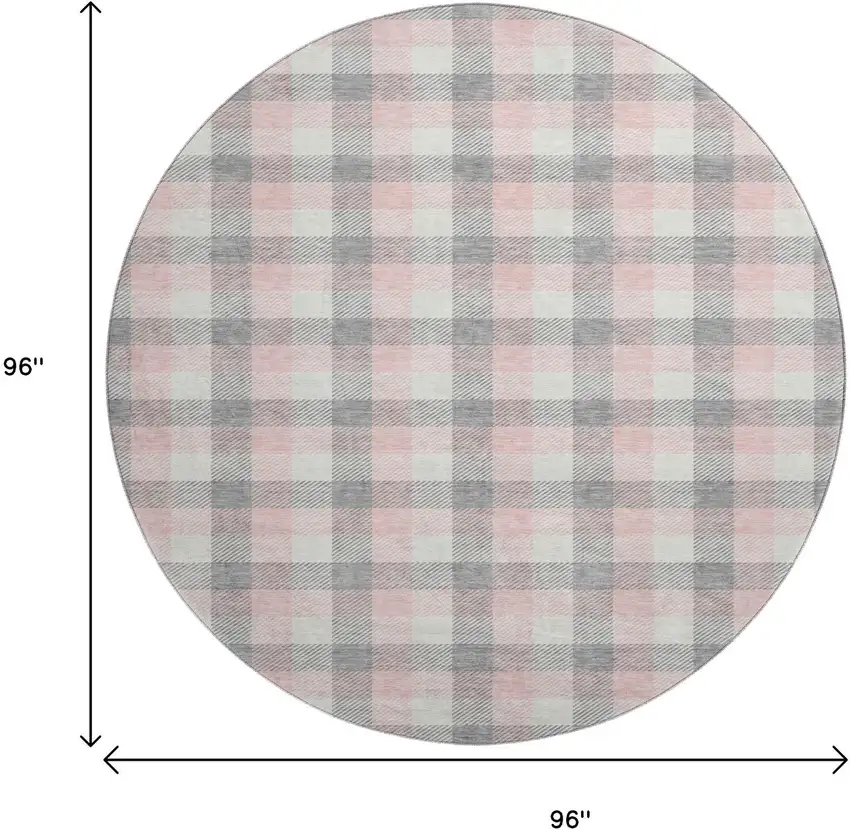 8' Granite Gray Ivory And Pink Plaid Washable Round Rug With UV Protection Photo 9