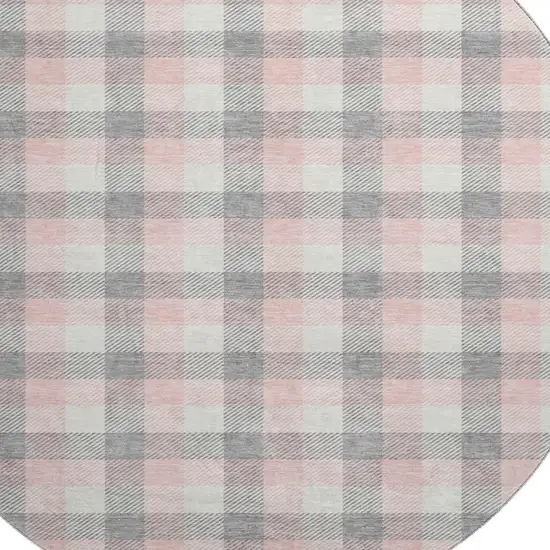 8' Granite Gray Ivory And Pink Plaid Washable Round Rug With UV Protection Photo 2