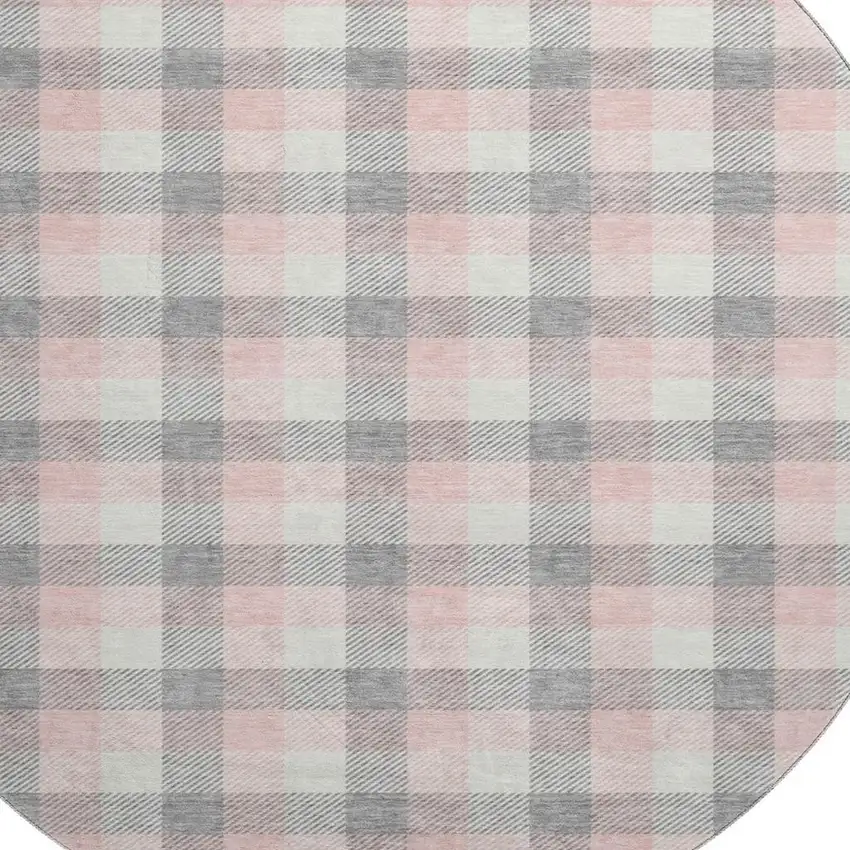 8' Granite Gray Ivory And Pink Plaid Washable Round Rug With UV Protection Photo 2