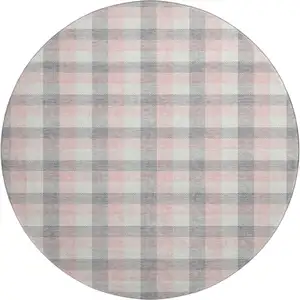 Photo of 8' Granite Gray Ivory And Pink Plaid Washable Round Rug With UV Protection