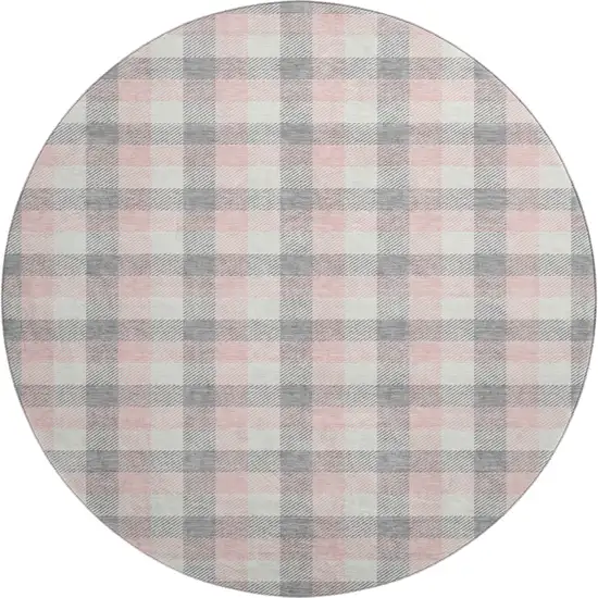 8' Granite Gray Ivory And Pink Plaid Washable Round Rug With UV Protection Photo 1