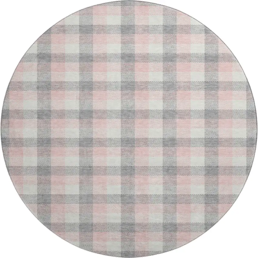 8' Granite Gray Ivory And Pink Plaid Washable Round Rug With UV Protection Photo 1