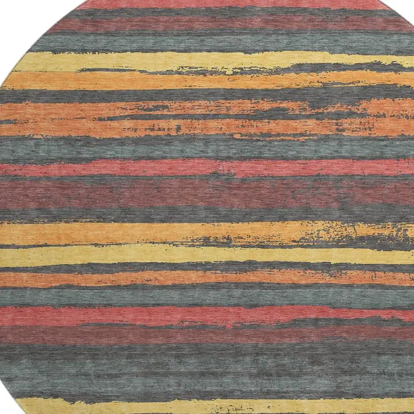 8' Granite Gray Salmon And Yellow Striped Washable Round Rug With UV Protection Photo 2