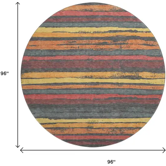 8' Granite Gray Salmon And Yellow Striped Washable Round Rug With UV Protection Photo 9