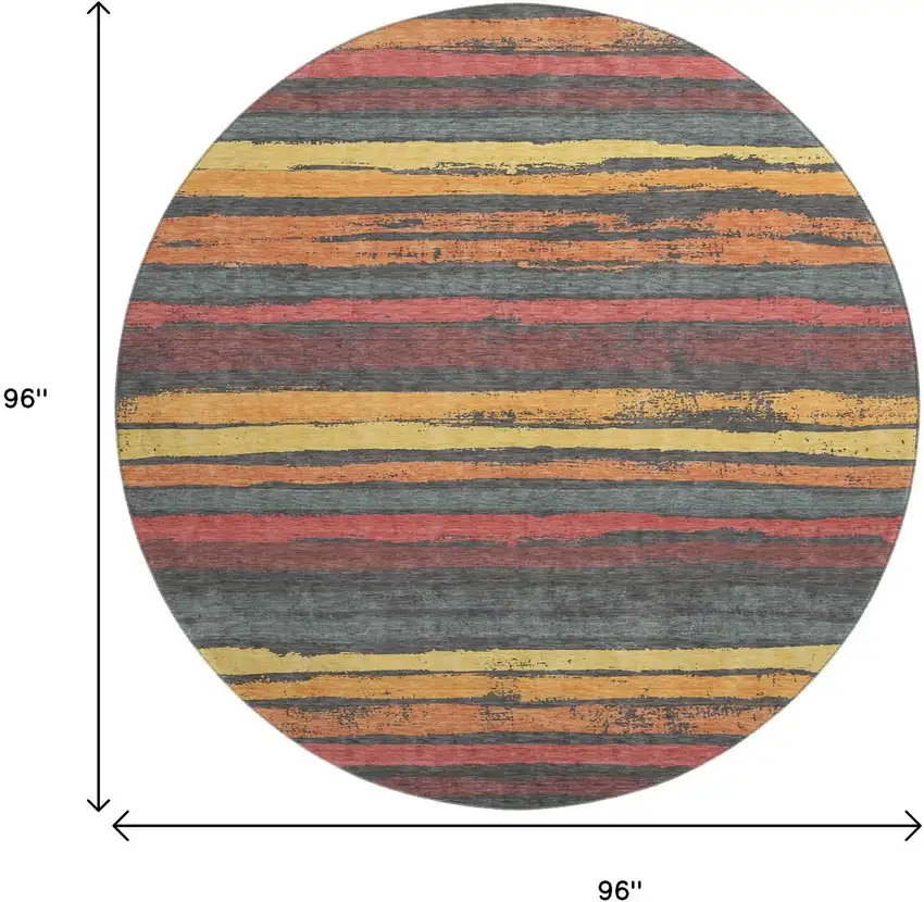 8' Granite Gray Salmon And Yellow Striped Washable Round Rug With UV Protection Photo 9