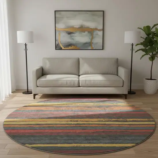 8' Granite Gray Salmon And Yellow Striped Washable Round Rug With UV Protection Photo 2
