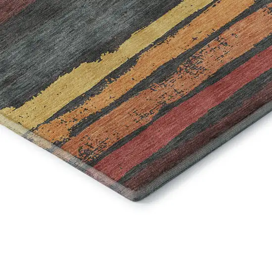 8' Granite Gray Salmon And Yellow Striped Washable Round Rug With UV Protection Photo 6