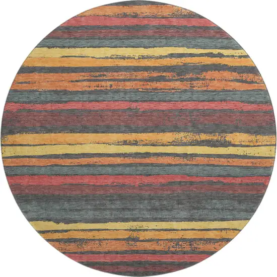 8' Granite Gray Salmon And Yellow Striped Washable Round Rug With UV Protection Photo 1