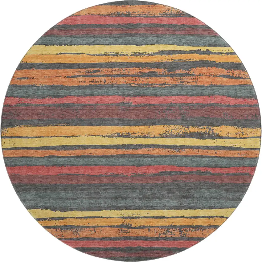 8' Granite Gray Salmon And Yellow Striped Washable Round Rug With UV Protection Photo 1