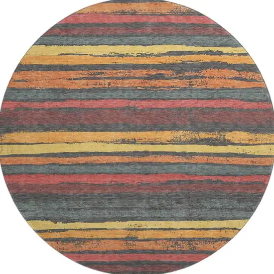 8' Granite Gray Salmon And Yellow Striped Washable Round Rug With UV Protection Photo 3