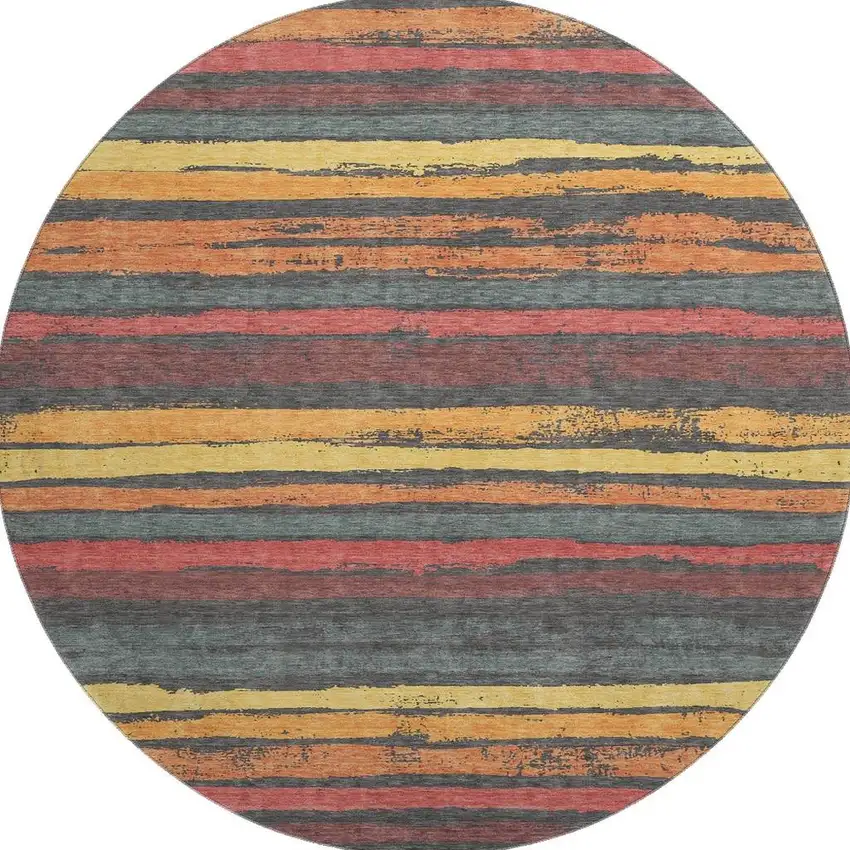 8' Granite Gray Salmon And Yellow Striped Washable Round Rug With UV Protection Photo 3