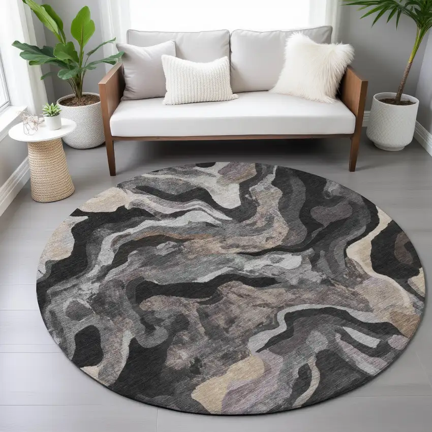 8' Granite Gray Silver And Beige Round Abstract Washable Indoor Outdoor Area Rug Photo 8