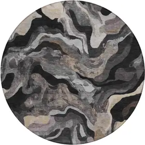 Photo of 8' Granite Gray Silver And Beige Round Abstract Washable Indoor Outdoor Area Rug