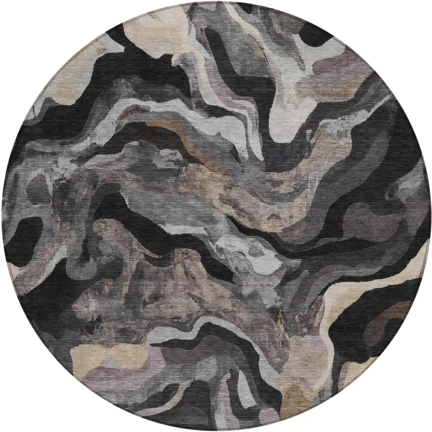 8' Granite Gray Silver And Beige Round Abstract Washable Indoor Outdoor Area Rug Photo 1