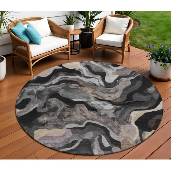 8' Granite Gray Silver And Beige Round Abstract Washable Indoor Outdoor Area Rug Photo 2