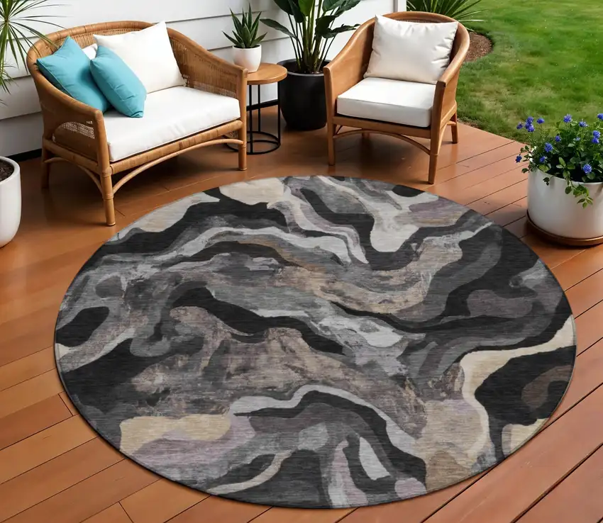 8' Granite Gray Silver And Beige Round Abstract Washable Indoor Outdoor Area Rug Photo 2