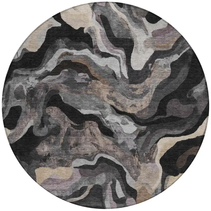 8' Granite Gray Silver And Beige Round Abstract Washable Indoor Outdoor Area Rug Photo 4