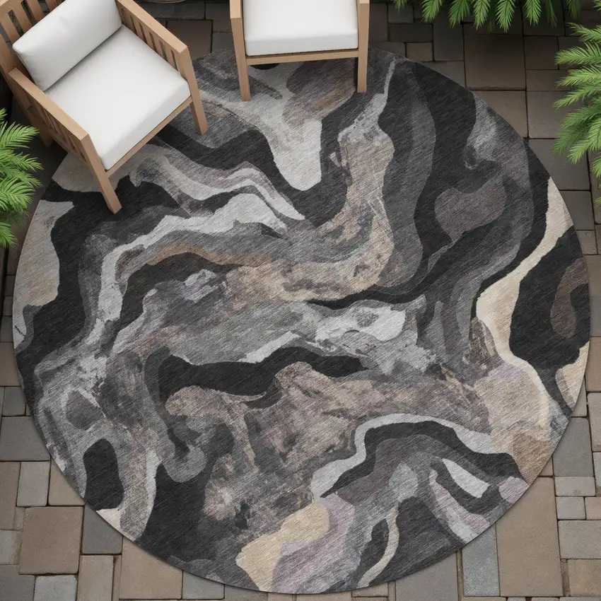 8' Granite Gray Silver And Beige Round Abstract Washable Indoor Outdoor Area Rug Photo 9