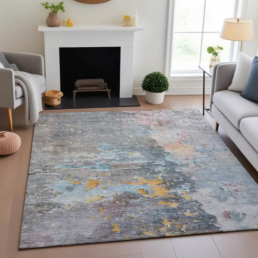 8' Granite Gray Teal And Blush Abstract Washable Area Rug With UV Protection Photo 4