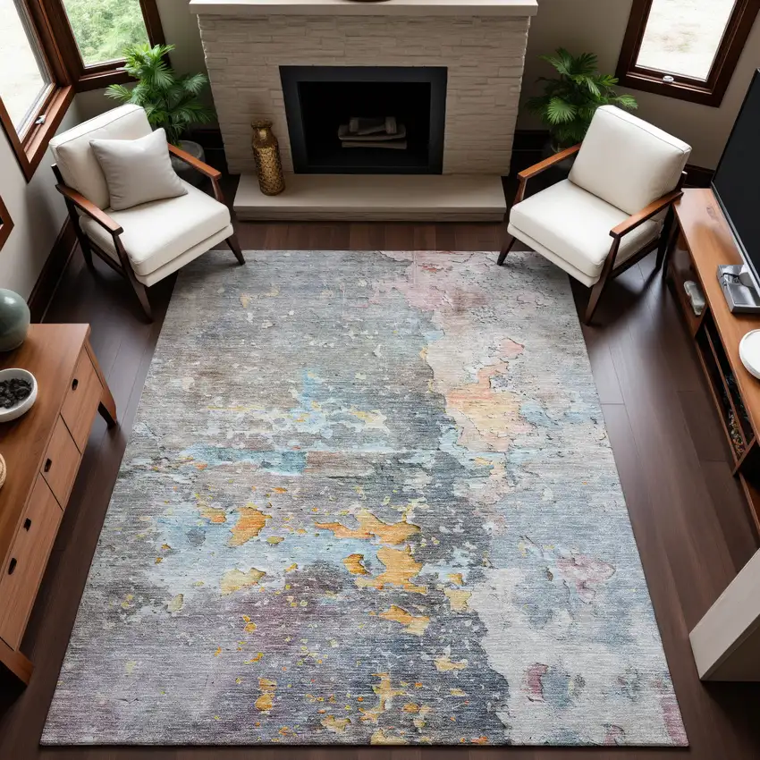 8' Granite Gray Teal And Blush Abstract Washable Area Rug With UV Protection Photo 5