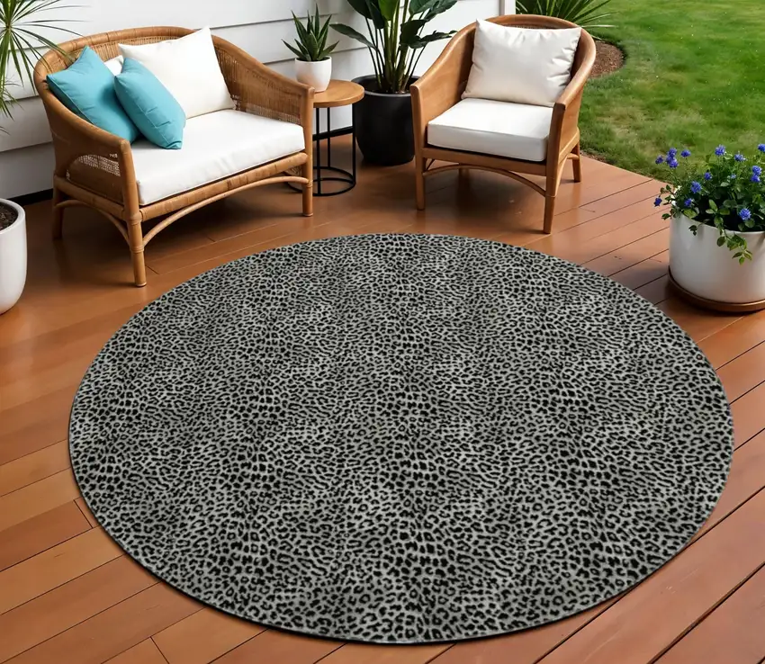 8' Graphite And Black Round Leopard Print Washable Indoor Outdoor Area Rug Photo 1