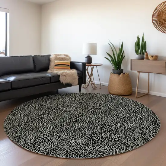 8' Graphite And Black Round Leopard Print Washable Indoor Outdoor Area Rug Photo 6