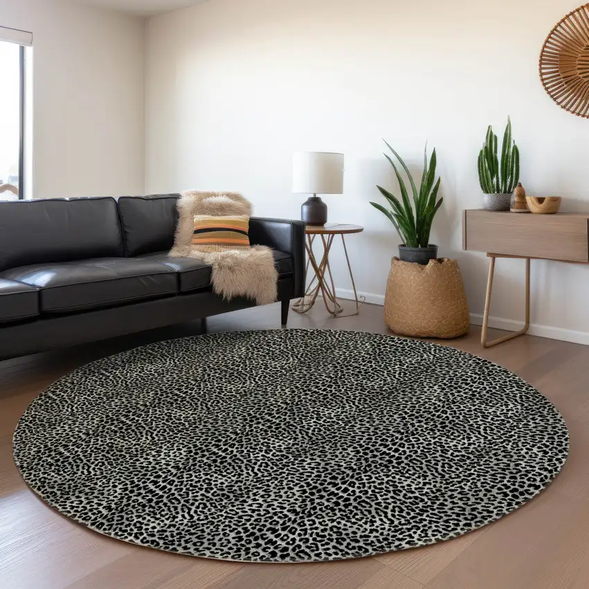 8' Graphite And Black Round Leopard Print Washable Indoor Outdoor Area Rug Photo 6