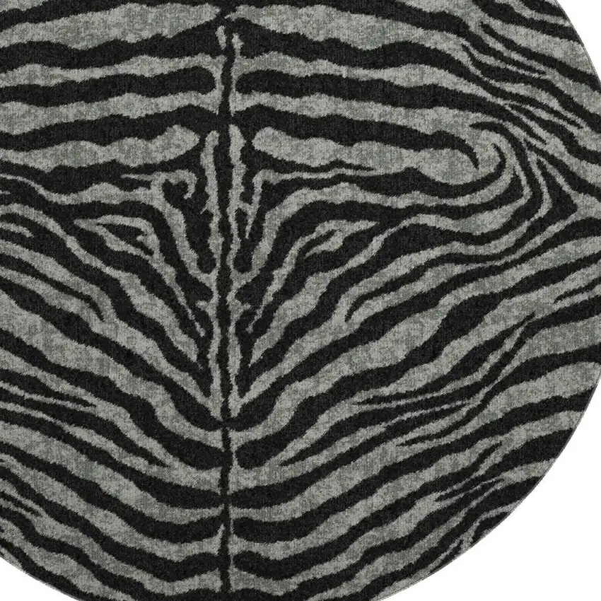 8' Graphite And Black Round Zebra Print Washable Indoor Outdoor Area Rug Photo 5
