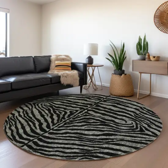 8' Graphite And Black Round Zebra Print Washable Indoor Outdoor Area Rug Photo 7