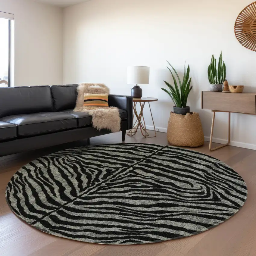 8' Graphite And Black Round Zebra Print Washable Indoor Outdoor Area Rug Photo 7