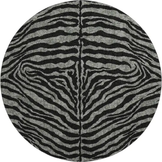 8' Graphite And Black Round Zebra Print Washable Indoor Outdoor Area Rug Photo 2