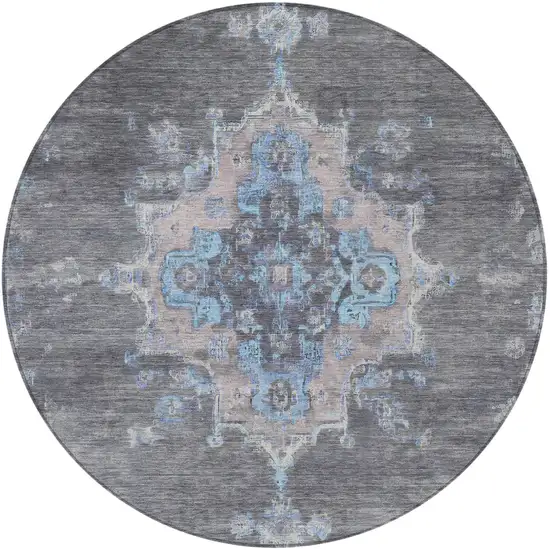 8' Graphite And Blue Round Medallion Washable Indoor Outdoor Area Rug Photo 5
