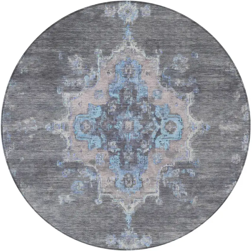 8' Graphite And Blue Round Medallion Washable Indoor Outdoor Area Rug Photo 5