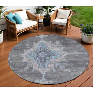 Photo of 8' Graphite And Blue Round Medallion Washable Indoor Outdoor Area Rug
