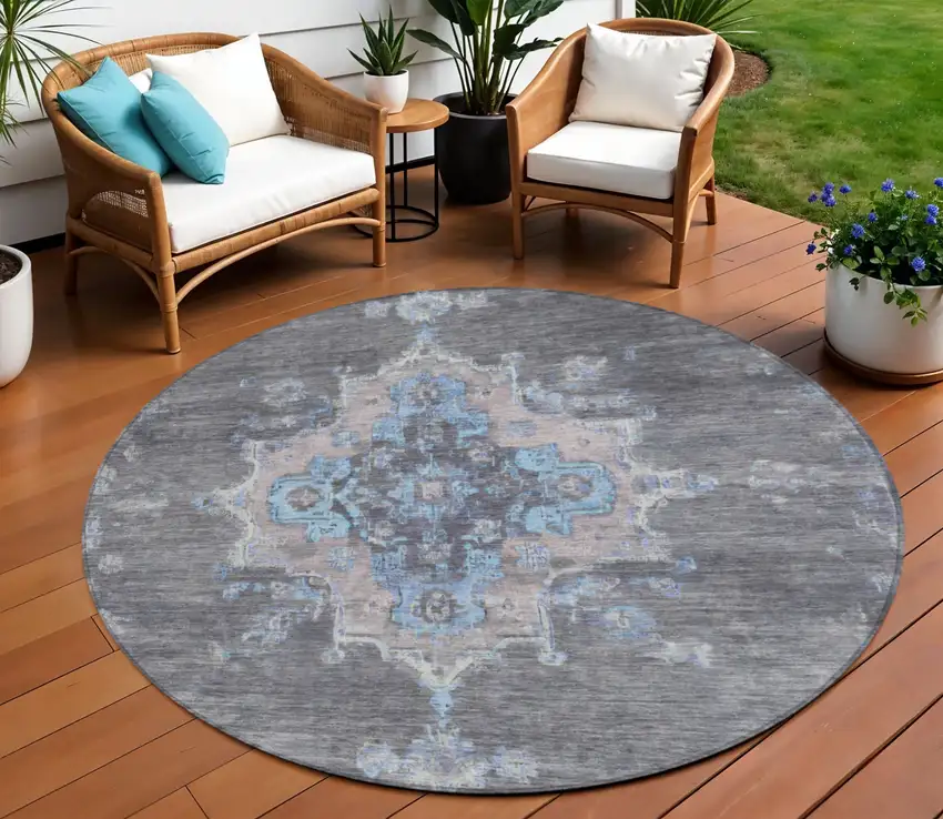 8' Graphite And Blue Round Medallion Washable Indoor Outdoor Area Rug Photo 1