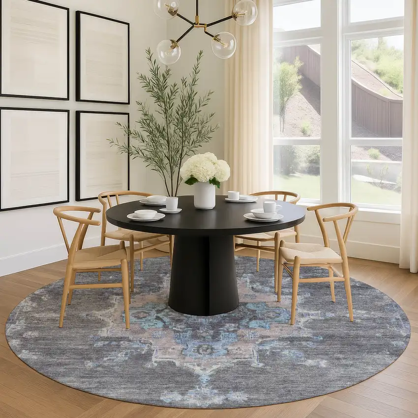 8' Graphite And Blue Round Medallion Washable Indoor Outdoor Area Rug Photo 9