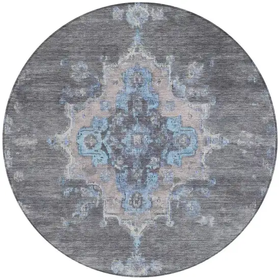 8' Graphite And Blue Round Medallion Washable Indoor Outdoor Area Rug Photo 4