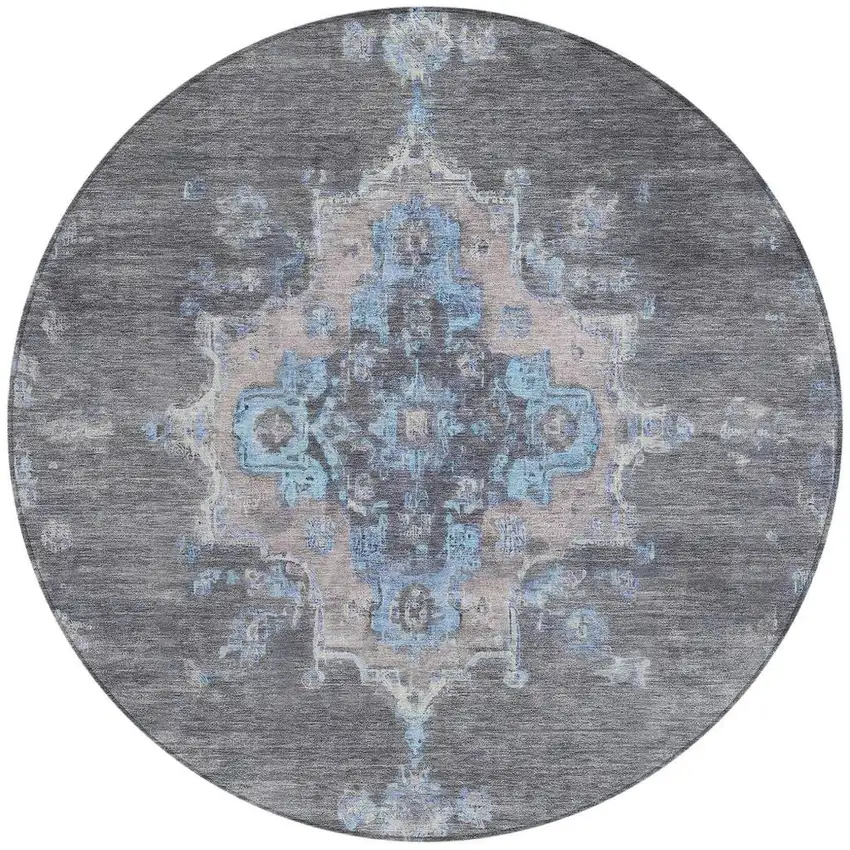 8' Graphite And Blue Round Medallion Washable Indoor Outdoor Area Rug Photo 4
