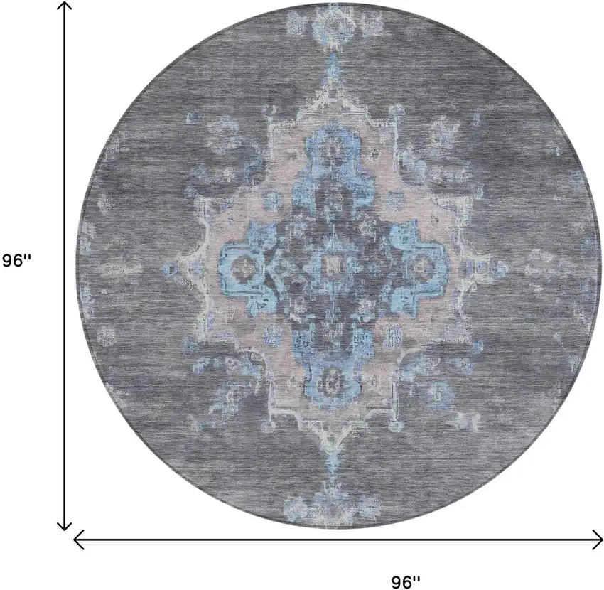 8' Graphite And Blue Round Medallion Washable Indoor Outdoor Area Rug Photo 3
