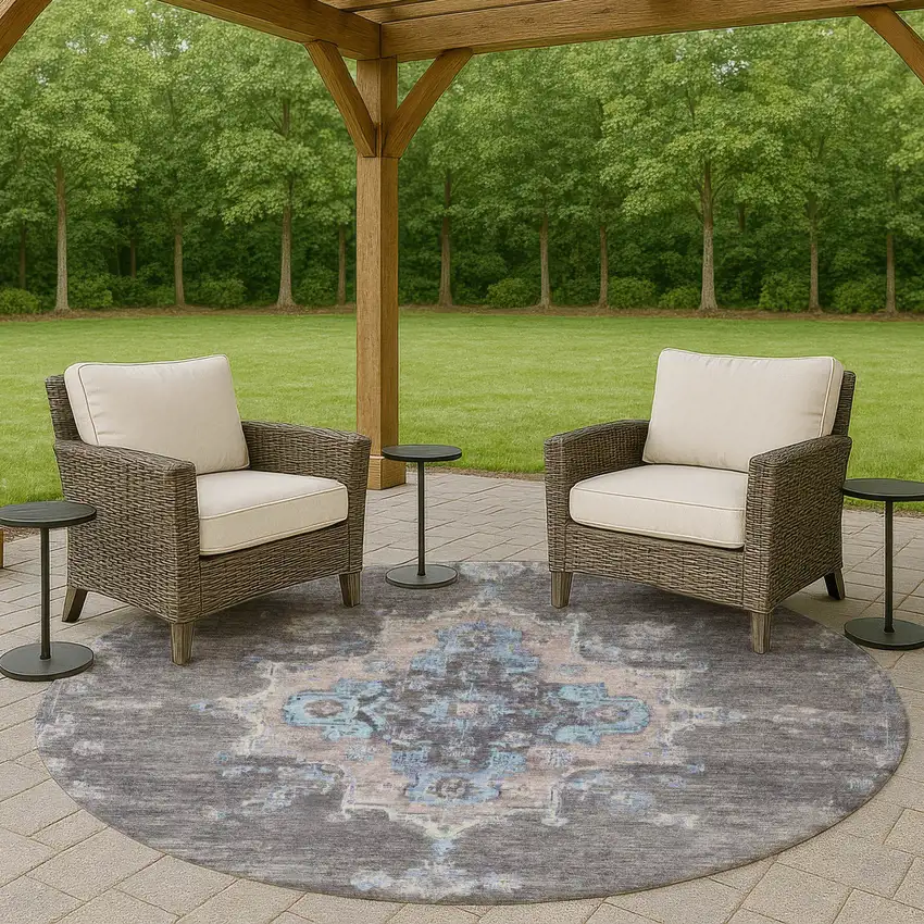 8' Graphite And Blue Round Medallion Washable Indoor Outdoor Area Rug Photo 9