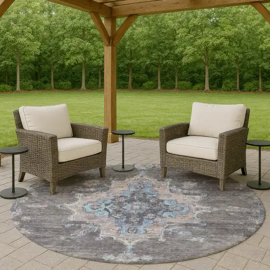 8' Graphite And Blue Round Medallion Washable Indoor Outdoor Area Rug Photo 9