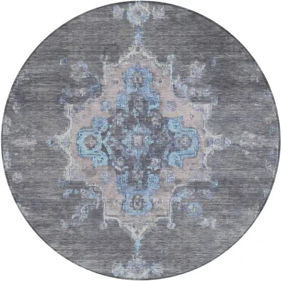 8' Graphite And Blue Round Medallion Washable Indoor Outdoor Area Rug Photo 2