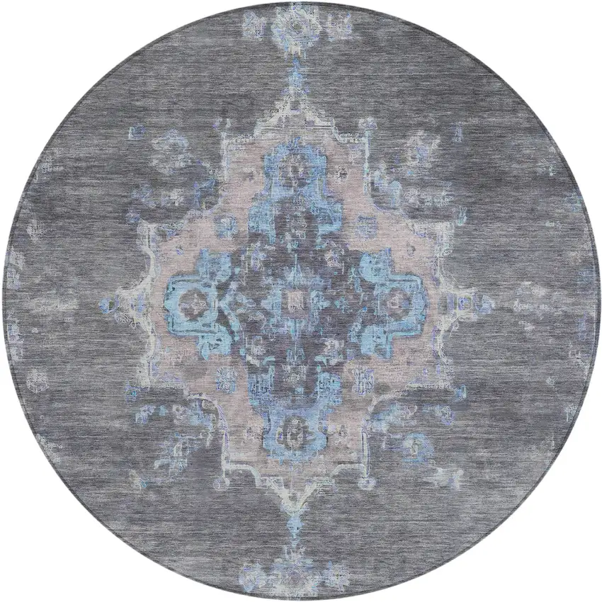 8' Graphite And Blue Round Medallion Washable Indoor Outdoor Area Rug Photo 2